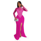 Women Beaded See-Through Bodycon Stretch Slit Dress