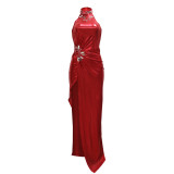 Solid Sleeveless Evening Dresses High Slit Hot Diamond Long Dress