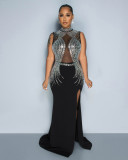 Sexy Party Elegant Formal Patchwork Slit Mesh Hot Drill Half A Turtleneck Asymmetrical Dresses