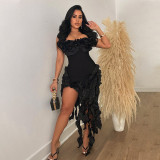 Solid Strapless Origami Ruffle Accent Bandage Dress