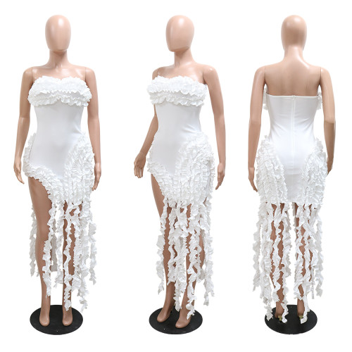 Solid Strapless Origami Ruffle Accent Bandage Dress