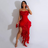 Solid Strapless Origami Ruffle Accent Bandage Dress