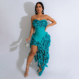 Solid Strapless Origami Ruffle Accent Bandage Dress