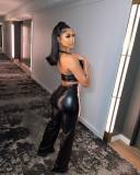 Black Color Suspender Elastic Leather Slim Fit Two-piece Set