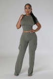 Solid Color Short Sleeve Cropped Tops & Wide Leg Pants Set