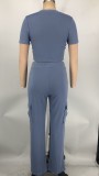 Solid Color Short Sleeve Cropped Tops & Wide Leg Pants Set