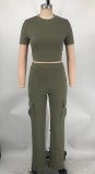 Solid Color Short Sleeve Cropped Tops & Wide Leg Pants Set