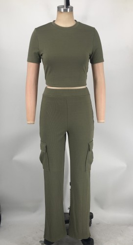 Solid Color Short Sleeve Cropped Tops & Wide Leg Pants Set