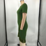 Felyn 2023 Solid Tassel O-neck Short Sleeve Elegant Mini Dress