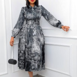 Women Spring Long Sleeve High Waist Printed With Belt Dress