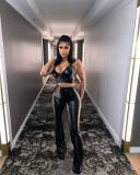 Black Color Suspender Elastic Leather Slim Fit Two-piece Set