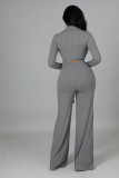 Casual Thicken 2 Piece Outfits Long Sleeve Pit Crop Top Wide Leg Pants Set