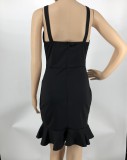 Fashion Solid Color Straps Ruffle Bodycon Dress