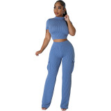 Solid Color Short Sleeve Cropped Tops & Wide Leg Pants Set