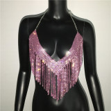 Metal Rhinestone Fringed Halter Sexy Backless Tops