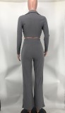 Casual Thicken 2 Piece Outfits Long Sleeve Pit Crop Top Wide Leg Pants Set