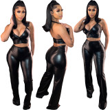 Black Color Suspender Elastic Leather Slim Fit Two-piece Set