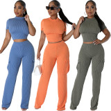 Solid Color Short Sleeve Cropped Tops & Wide Leg Pants Set