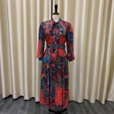 Women Spring Long Sleeve High Waist Printed With Belt Dress