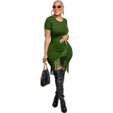 Felyn 2023 Solid Tassel O-neck Short Sleeve Elegant Mini Dress