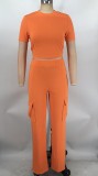 Solid Color Short Sleeve Cropped Tops & Wide Leg Pants Set