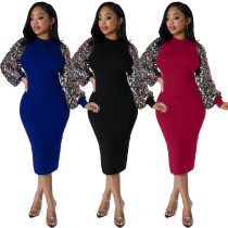 Fashion Elegant OL Solid Sequin Lantern Sleeves Bodycon Split Dress