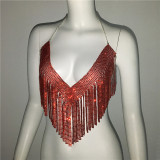 Metal Rhinestone Fringed Halter Sexy Backless Tops