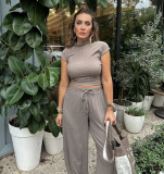 Chic Casual Knit Set with Textured Half High Neck Short Sleeve T-Shirt and Drawstring High Waist Long Pants