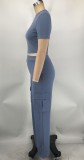 Solid Color Short Sleeve Cropped Tops & Wide Leg Pants Set