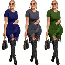 Felyn 2023 Solid Tassel O-neck Short Sleeve Elegant Mini Dress