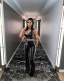 Black Color Suspender Elastic Leather Slim Fit Two-piece Set