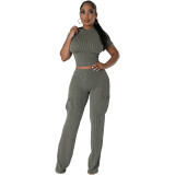 Solid Color Short Sleeve Cropped Tops & Wide Leg Pants Set