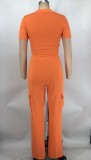 Solid Color Short Sleeve Cropped Tops & Wide Leg Pants Set