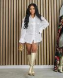 White Women's Stretch Solid Sequin Loose Long Sleeve Micro Flare Shirt Dress