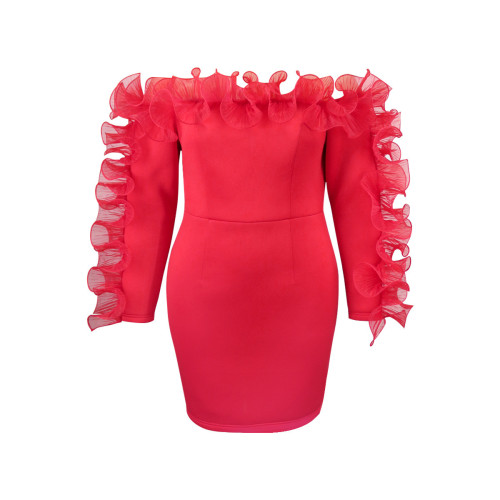 2024 Summer Off Shoulder Exaggerated Ruffle Ruched Mesh Bodycon Dress