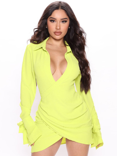 Solid Color Long Sleeve Cross Mini Dress turtleneck Pleated T-shirt Dresses