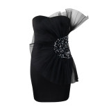Solid Mesh Splicing Sequin Embellished Waist Bodycon Dress