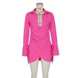 Solid Color Long Sleeve Cross Mini Dress turtleneck Pleated T-shirt Dresses