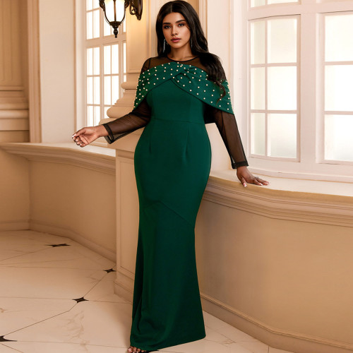 Sexy Formal Patchwork See-Through Beading O Neck Long Dress Dresses