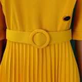 African Solid Color Pleated Button Midi Dress