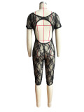 Sexy Solid Hollowed Out See-Through Backless O Neck Skinny Rompers
