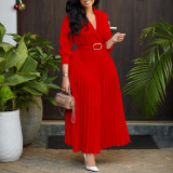 Solid V-neck Pleated Elegant Midi Dress