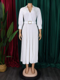Solid V-neck Pleated Elegant Midi Dress