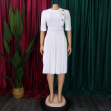 African Solid Color Pleated Button Midi Dress