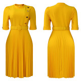 African Solid Color Pleated Button Midi Dress