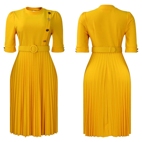 African Solid Color Pleated Button Midi Dress