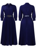 Solid V-neck Pleated Elegant Midi Dress