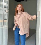 Women Solid Style Long Sleeve Back Slit Loose Shirt