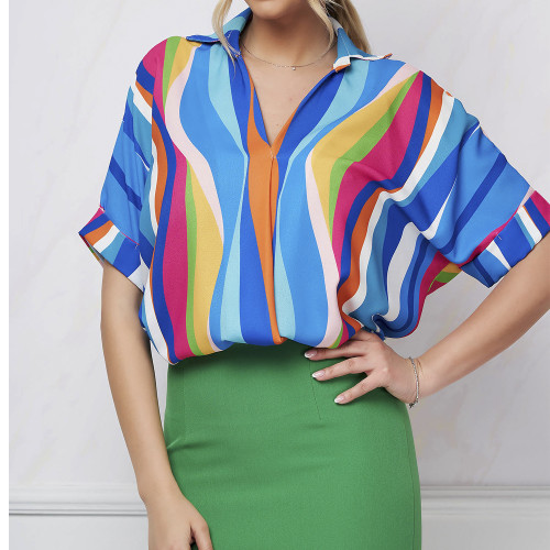 Short-Sleeved Shirt Women's Striped Printed V-Neck Pullover Loose Top