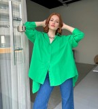 Women Solid Style Long Sleeve Back Slit Loose Shirt